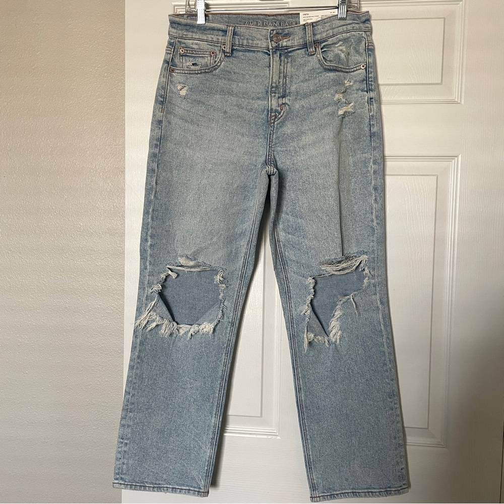 NWT American Eagle Stretch Super High-Waisted Ripped Ankle Straight Jean